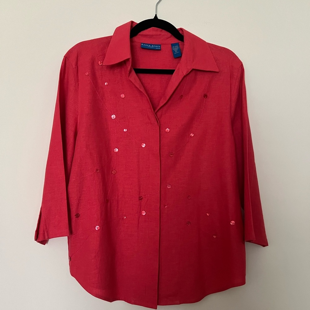 Karen Scott Women’s Red 3/4 Slit Bottom Sleeve Hidden Button Down Front PL